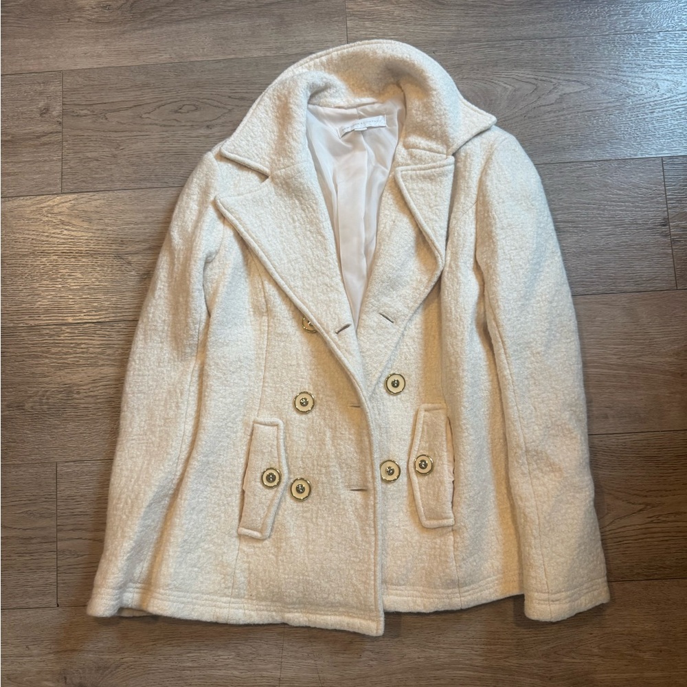 New York & Company Cream Double-Breasted Pea Coat